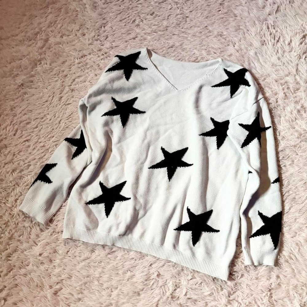 Star Statement Oversized Ew David Minimalist Chic V Neck Sweater Womens M Preppy